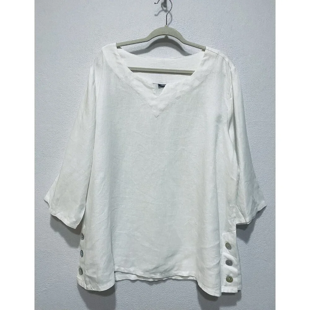 Amelline Top Womens XL White Linen Tunic Side Buttons Minimalist Lagenlook Boho - Picture 1 of 7